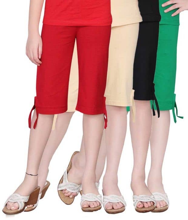 Sini Mini Pack of 4 Girls Cotton Capris ( Multicolor )