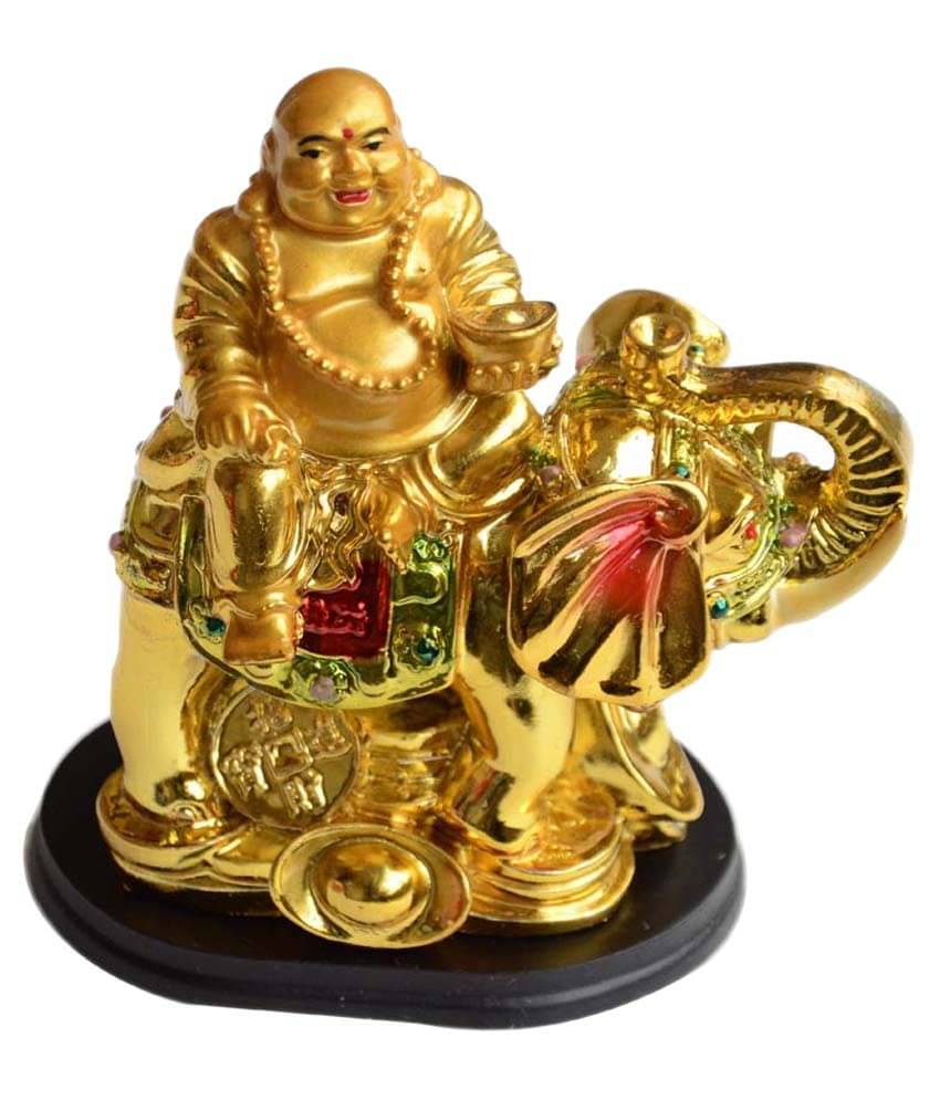     			Vastughar Golden Resin Laughing Buddha on a Elephant