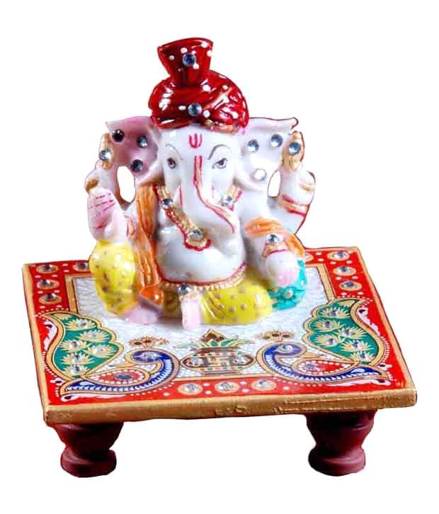 Fashion Bizz White Marble Chowki Pagdi Ganesh Idol