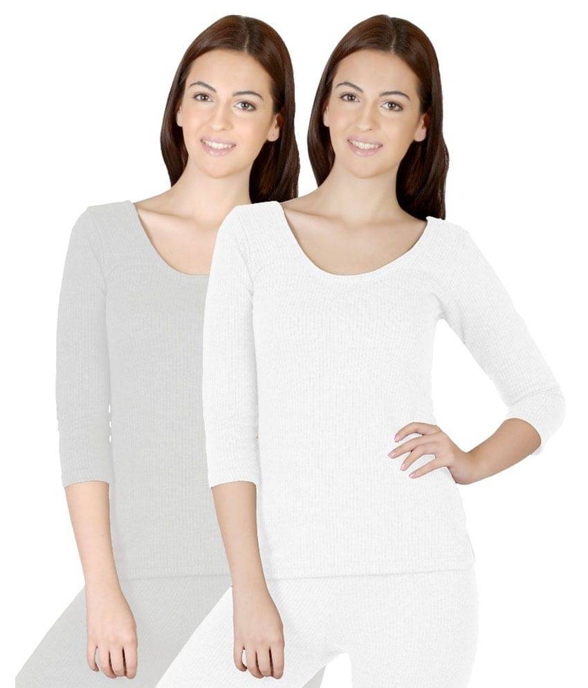     			Selfcare Gray And White Viscose Women Thermal Tops-Set Of 2