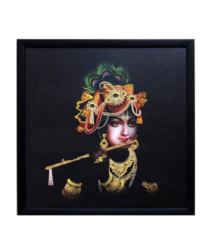     			eCraftIndia Black & Gold-Coloured Krishna Playing Flute Satin Matt Texture UV Wall Art