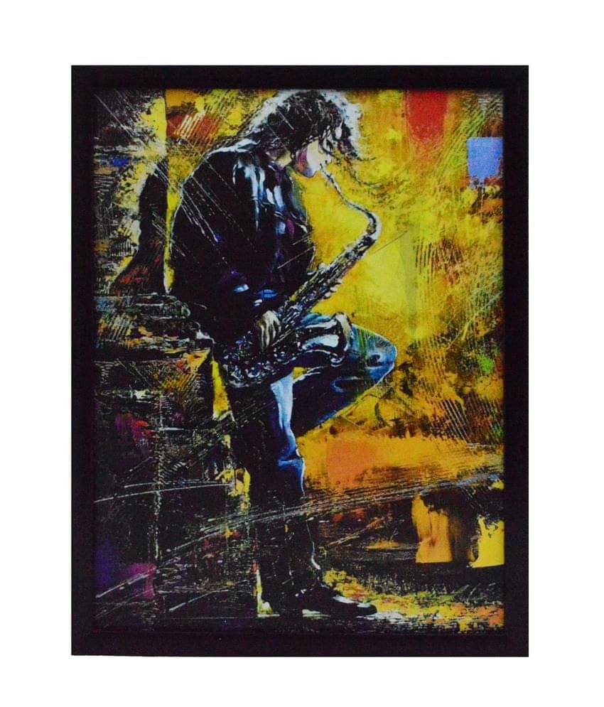     			eCraftIndia Yellow & Black Musician Boy Satin Matt Texture UV Wall Art