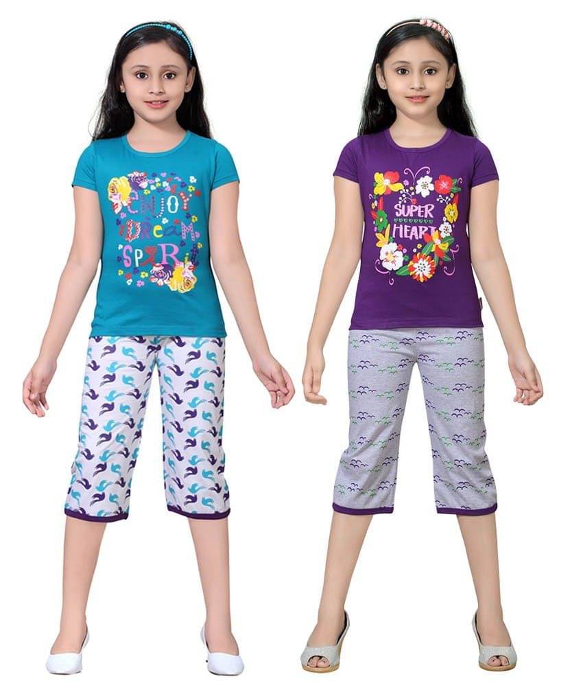     			Sini Mini Pack of 2 Girls 100% Cotton Top With Shorts ( Multicolor )