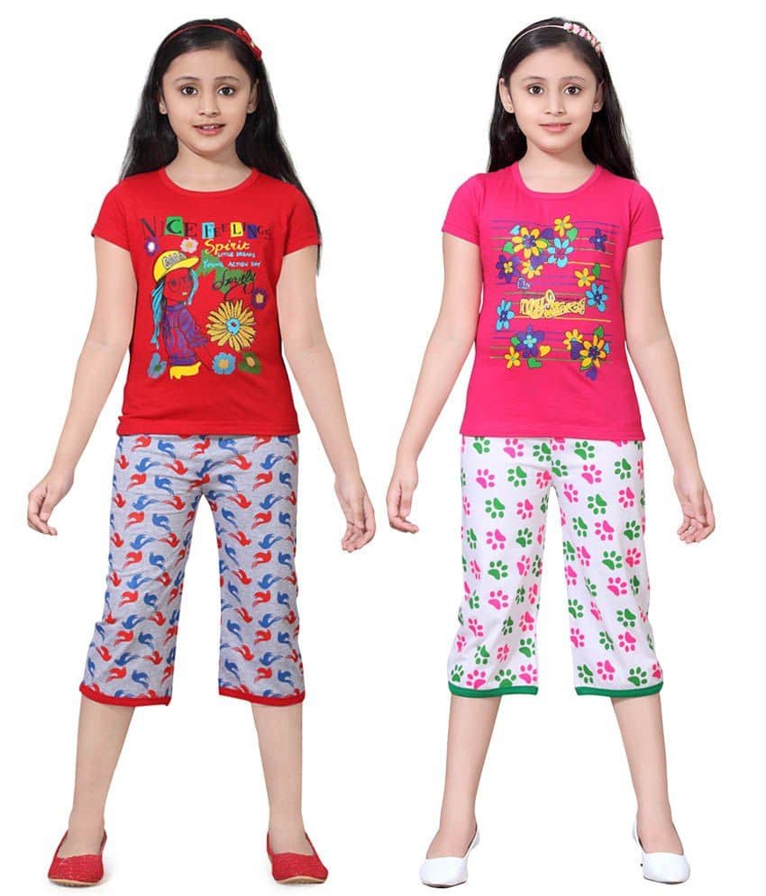 Sini Mini Pack of 2 Girls 100% Cotton Top With Shorts ( Multi )