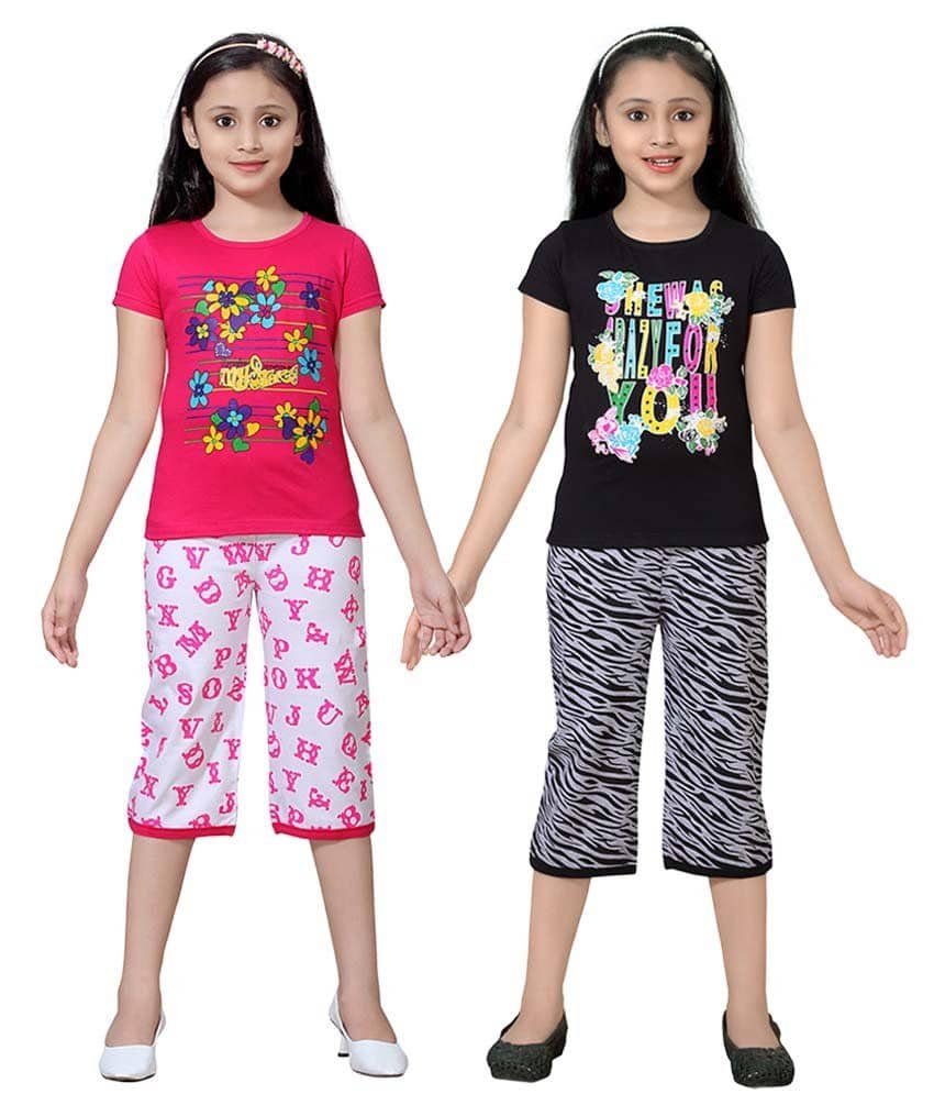 Sini Mini Pack of 2 Girls 100% Cotton Top With Shorts ( Multicolor )