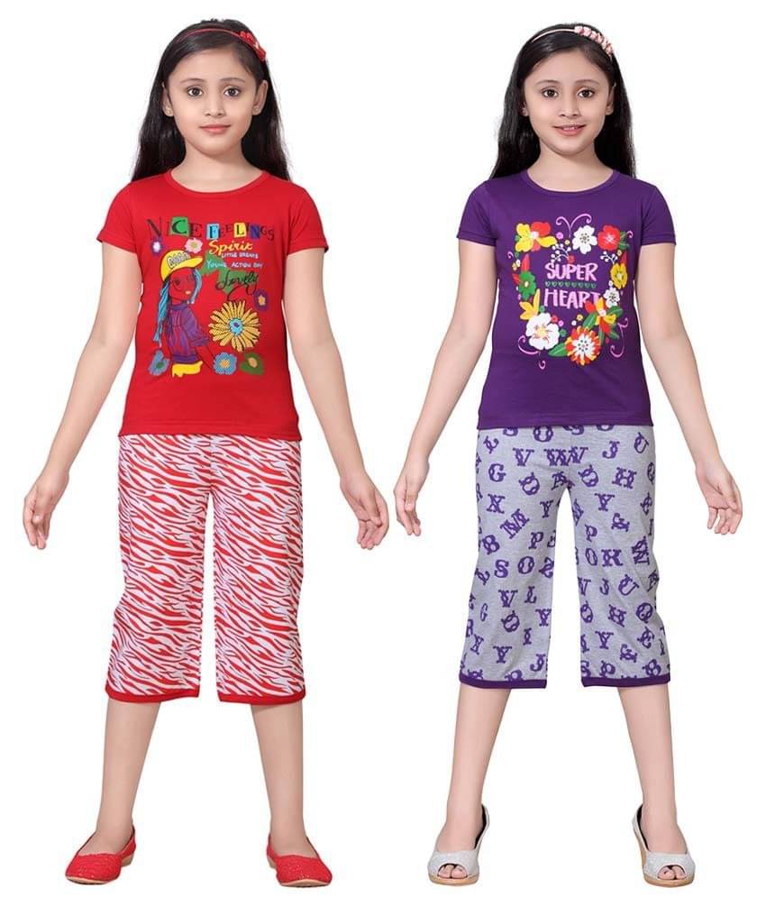     			Sini Mini Pack of 2 Girls 100% Cotton Top With Shorts ( Multicolor )