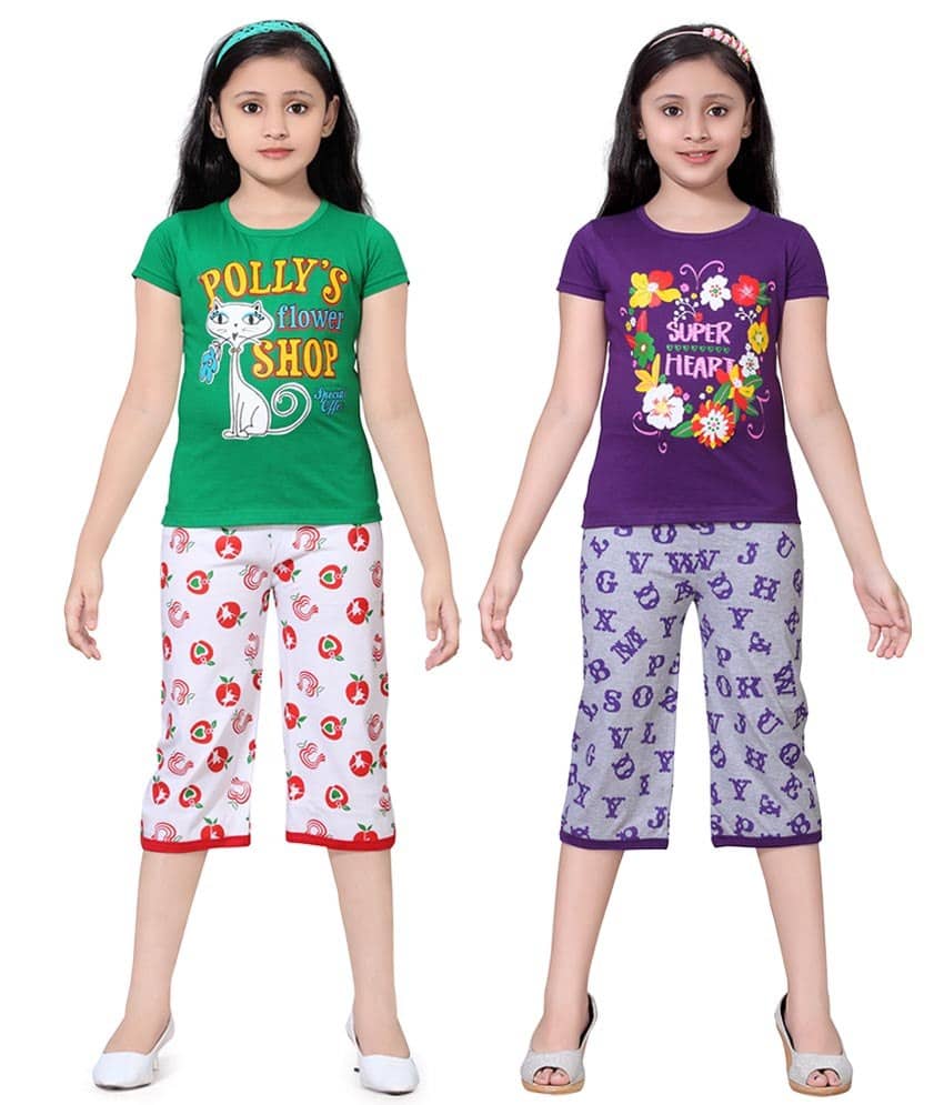 Sini Mini Pack of 2 Girls 100% Cotton Top With Shorts ( Multi )