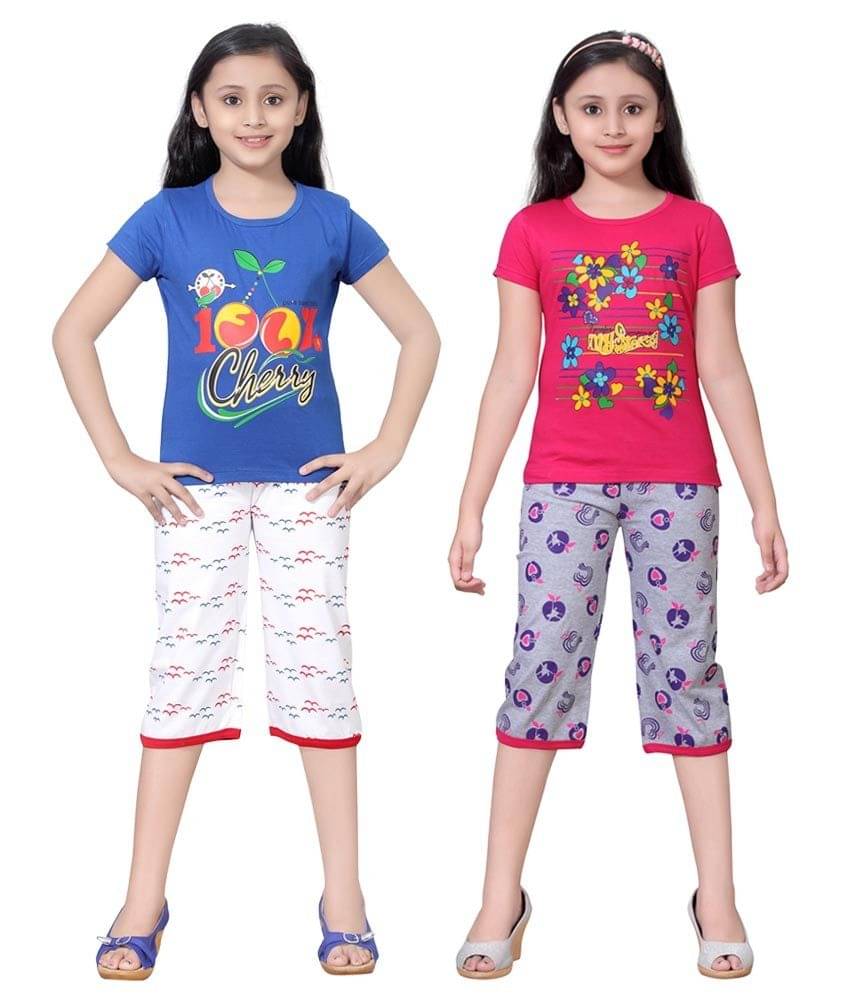     			Sini Mini Pack of 2 Girls 100% Cotton Top With Shorts ( Multi )