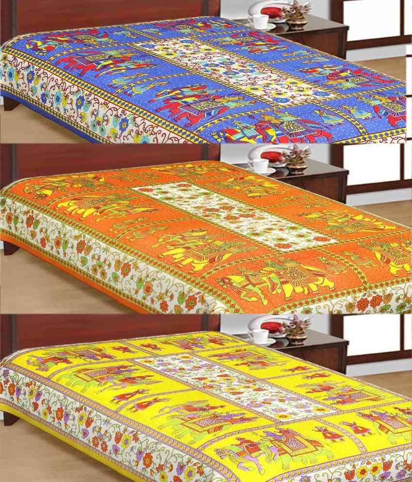     			UniqChoice jaipuri Traditional Print Cotton Three Single Bed Sheet Combo