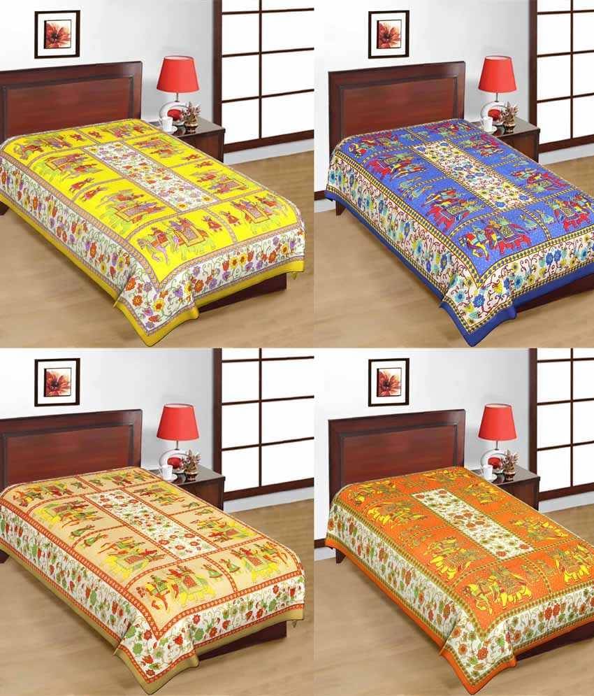 UniqChoie Combo of Jaipuri Traditional Print Cotton 4 Single Bed Sheet UniqChoie Combo of Jaipuri Traditional Print Cotton 4 Single Bed Sheet