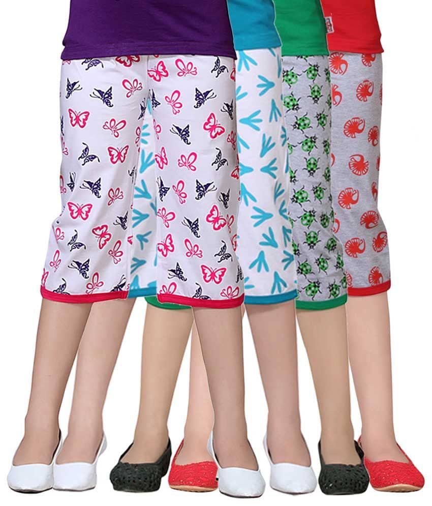 Sini Mini Pack of 4 Girls Cotton Capris ( Multicolor )