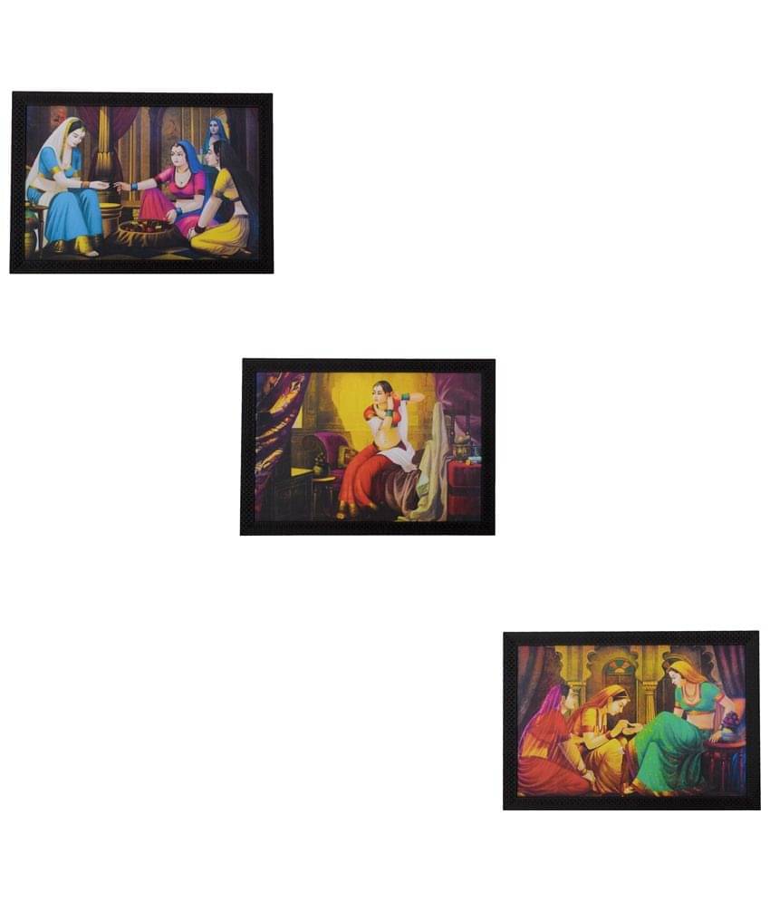     			eCraftIndia Multicoloured Set of 3 Village Scene UV Wall Art