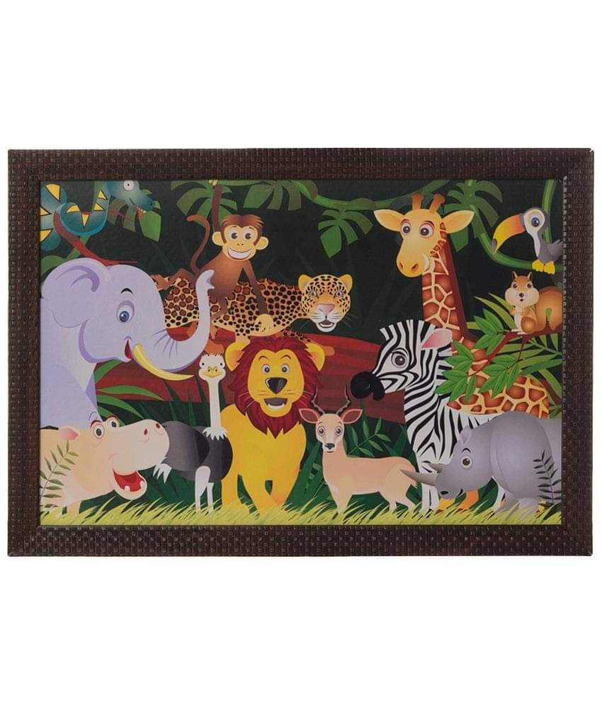     			eCraftIndia Multicoloured Happy Jungle Animals Matt UV Framed Wall Art