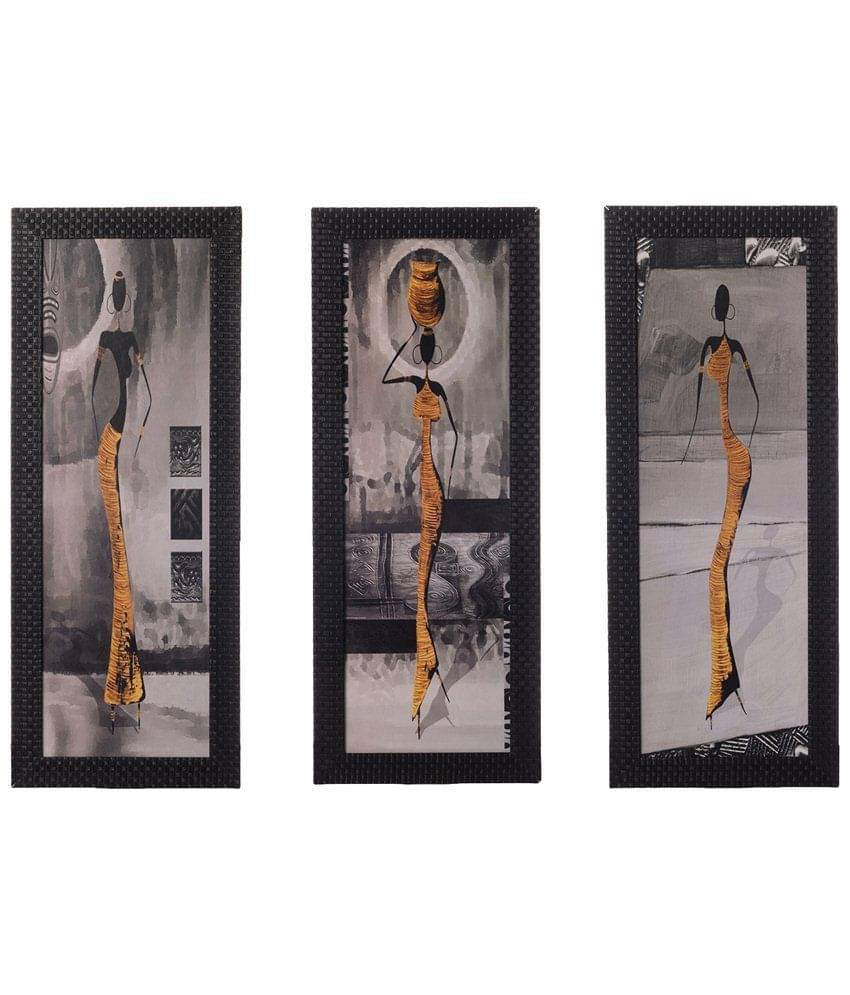     			eCraftIndia Grey & Yellow Set of 3 Tribal Lady UV Wall Art