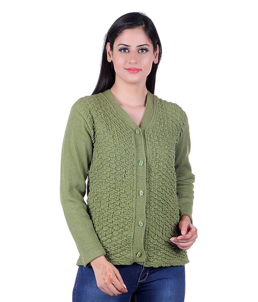 eWools.in Green Woollen Full Sleeves Buttoned Cardigan eWools.in Green Woollen Full Sleeves Buttoned Cardigan