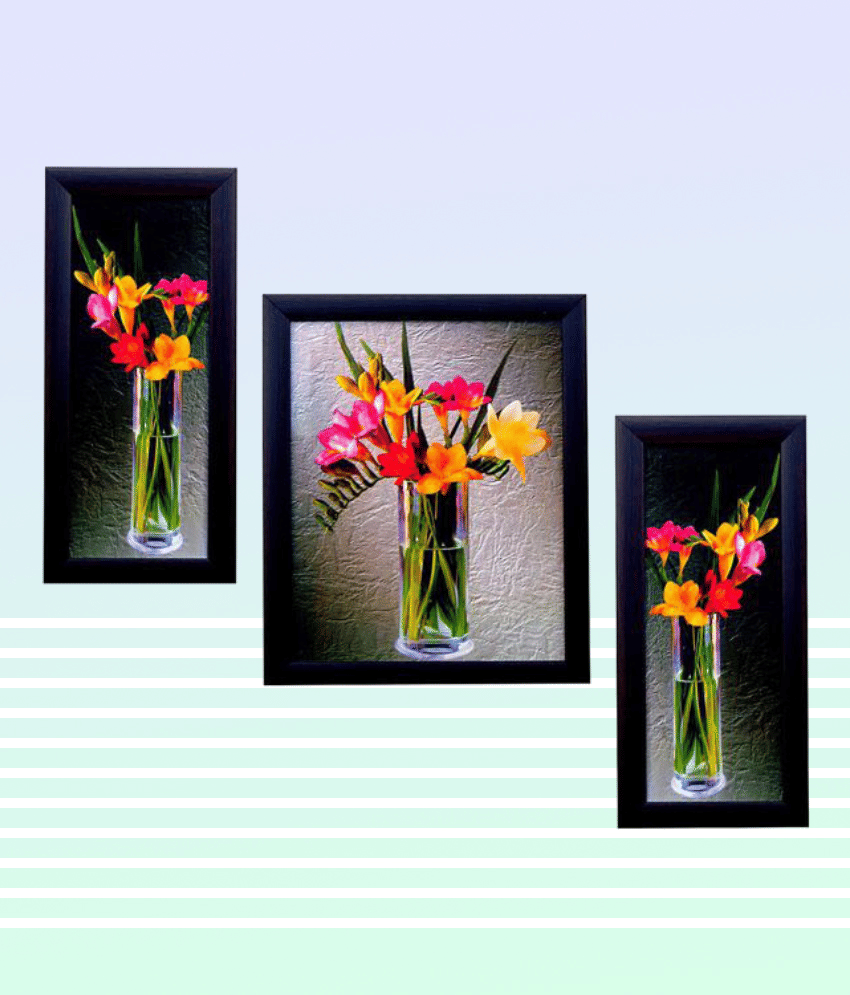 Indianara Synthetic Floral Painting With Frame Without Glass (Set of 3)