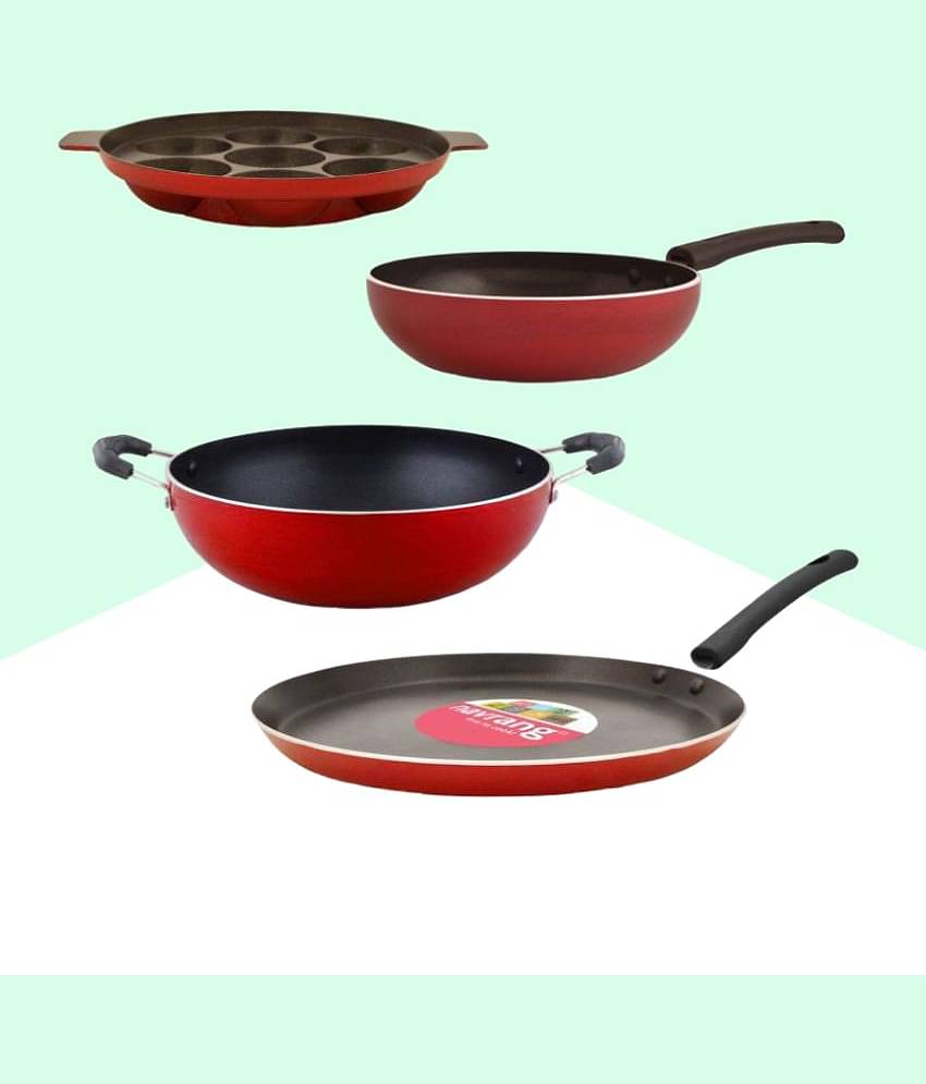 Navrang Nonstick Aluminum 4pc Cookware Set ,Tawa 26cm + Kadai 23cm + Fry Pan 20cm + Appakara 7 Kulies without Handle, Red