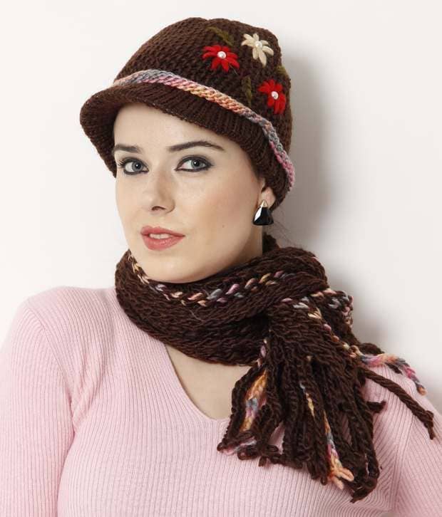 Bizarro.in Brown Floral Embroidered Muffler Cap