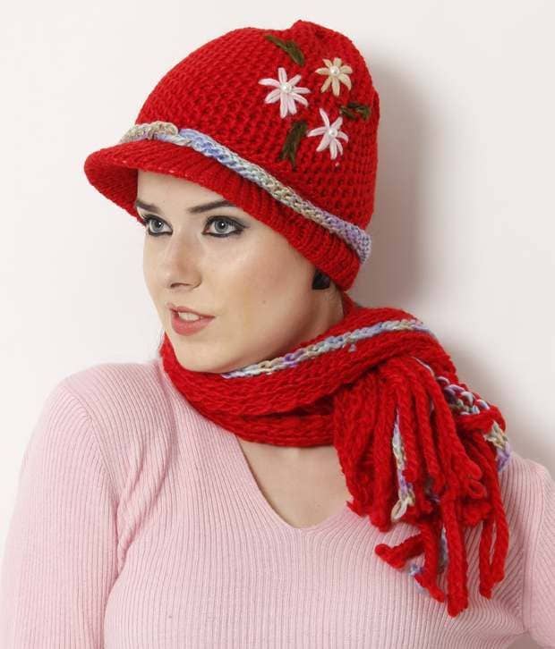 Bizarro.in Red Floral Embroidered Muffler Cap