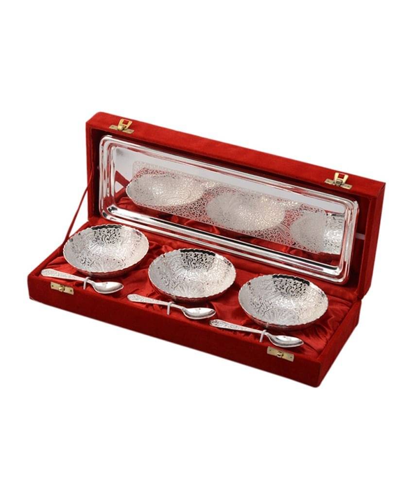 Rajrang Trendy Brass Silver Bowl With Spoon-Set of 3 Rajrang Trendy Brass Silver Bowl With Spoon-Set of 3