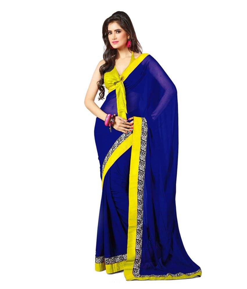 Vishal Saree Chiffon Saree With Unstitched Blouse Piece ( Yellow,Blue )     			Vishal Saree Chiffon Saree With Unstitched Blouse Piece ( Yellow,Blue )