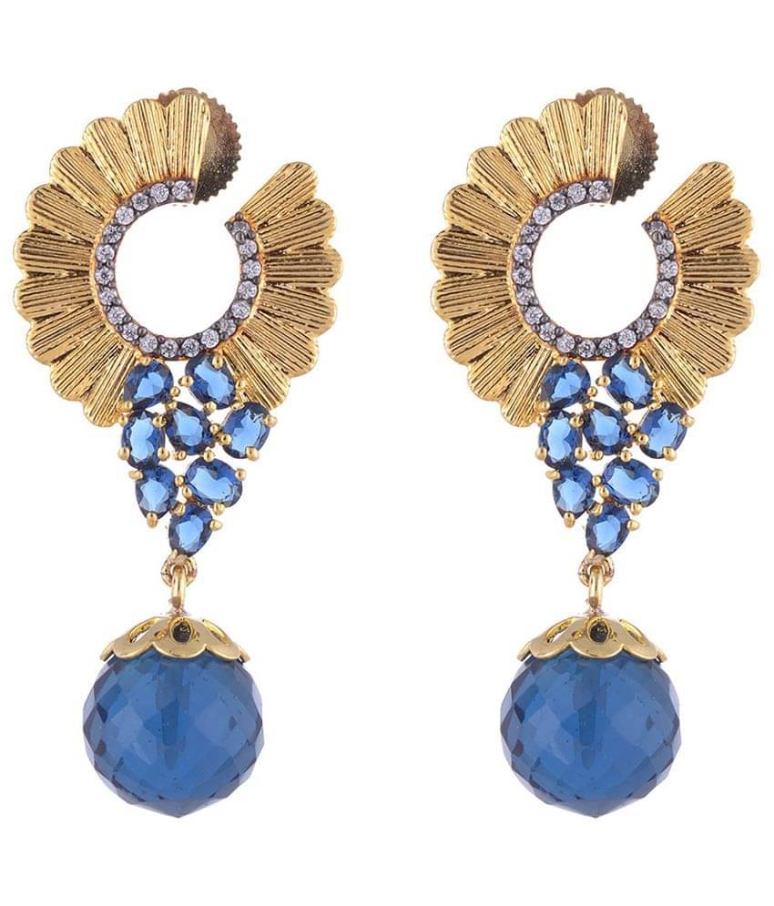 The Jewelbox Gold Plated Blue Sapphire American Diamond Look Hanging Earring. The Jewelbox Gold Plated Blue Sapphire American Diamond Look Hanging Earring.