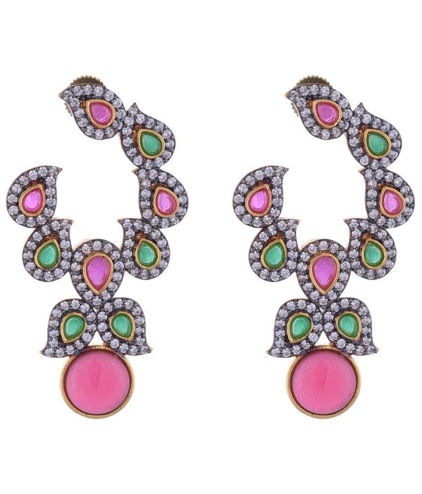     			The Jewelbox Gold Plated Red Green Stone And American Diamond Designer Earring