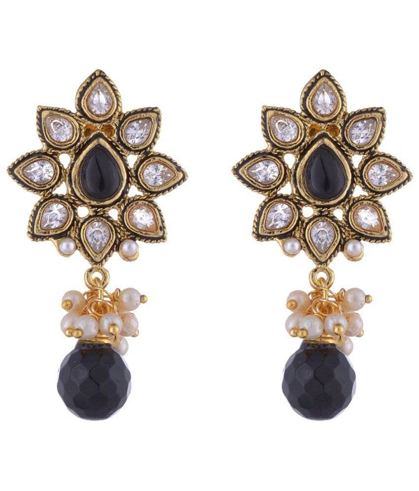 The Jewelbox Kundan Flower Pearl Black Stone Meena Earring The Jewelbox Kundan Flower Pearl Black Stone Meena Earring