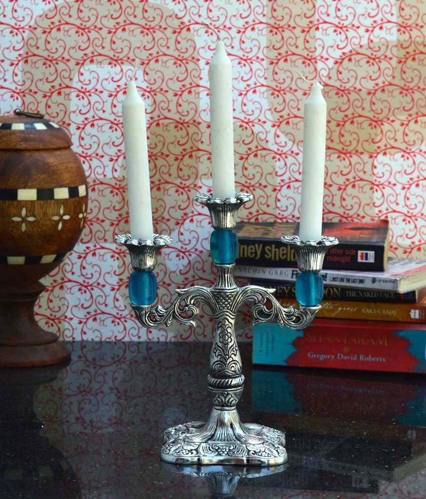     			eCraftIndia Silver-Toned & Royal Blue Decorative Handcrafted Candle Stand