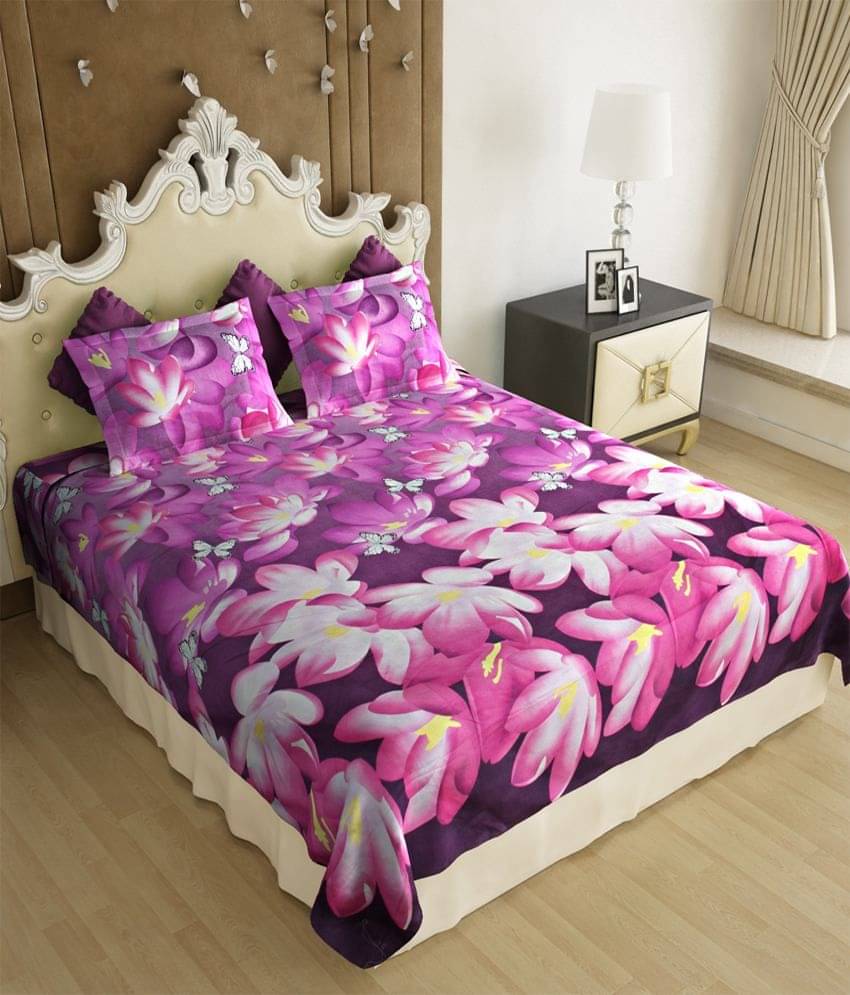 Home Candy 3D Pink Floral Poly Cotton Double Bed Sheet With 2 Pillow Covers Home Candy 3D Pink Floral Poly Cotton Double Bed Sheet With 2 Pillow Covers