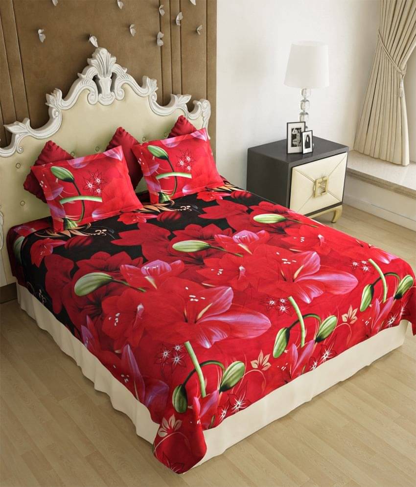     			Home Candy 3D Red Floral Poly Cotton Double Bed Sheet With 2 Pillow Covers