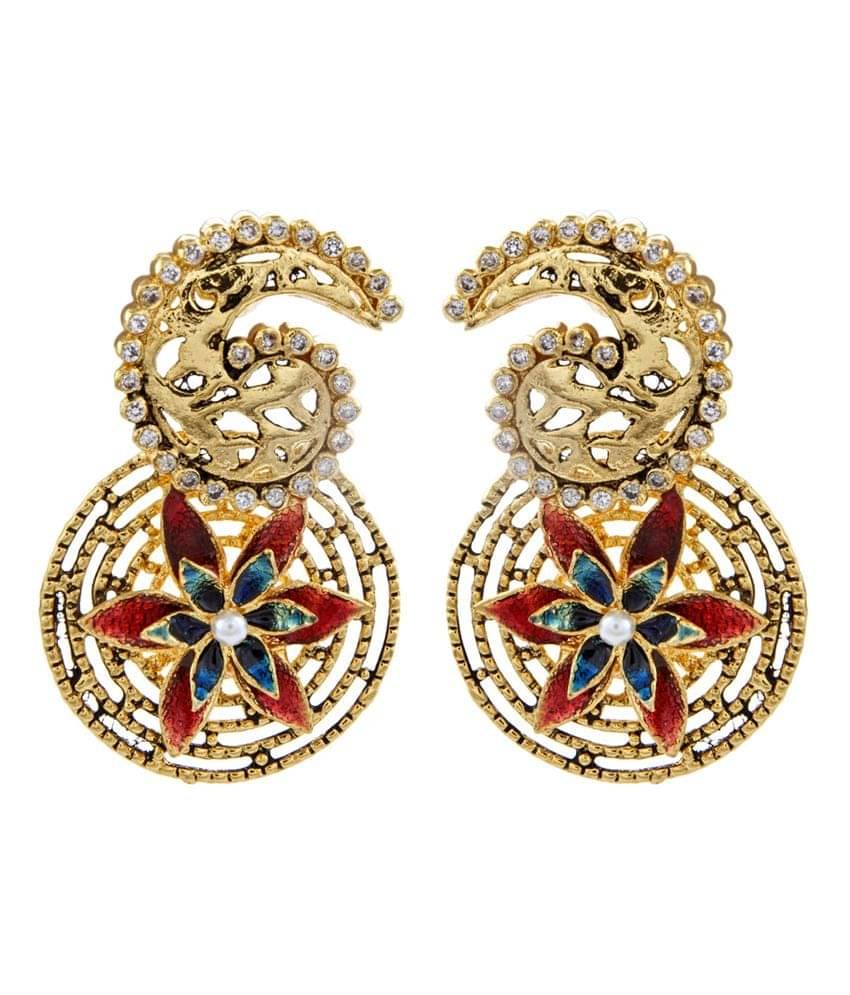 The Jewelbox Gold Plated 3d Flower Meenakari Cz Filigree Paisley Round Earring The Jewelbox Gold Plated 3d Flower Meenakari Cz Filigree Paisley Round Earring