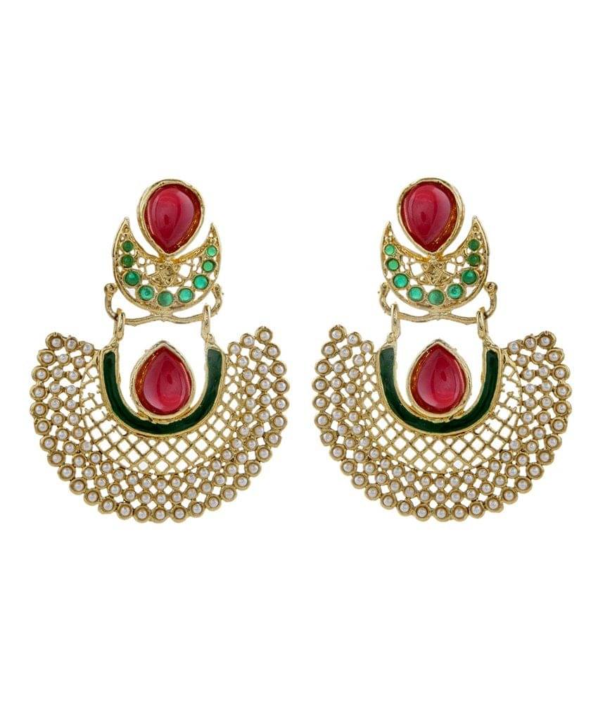     			The Jewelbox Gold Plated Pearl Red And Green Chaand Bali Earring