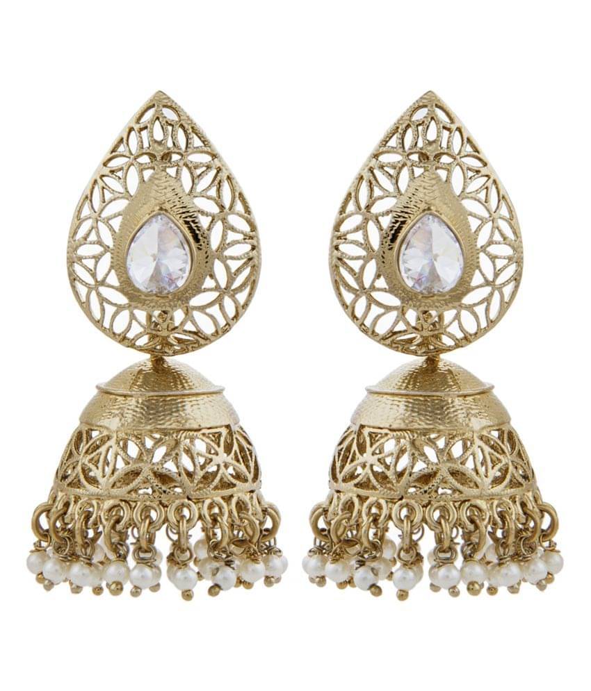     			The Jewelbox Kundan Cz Pearl Gold Plated Jhumki Earring