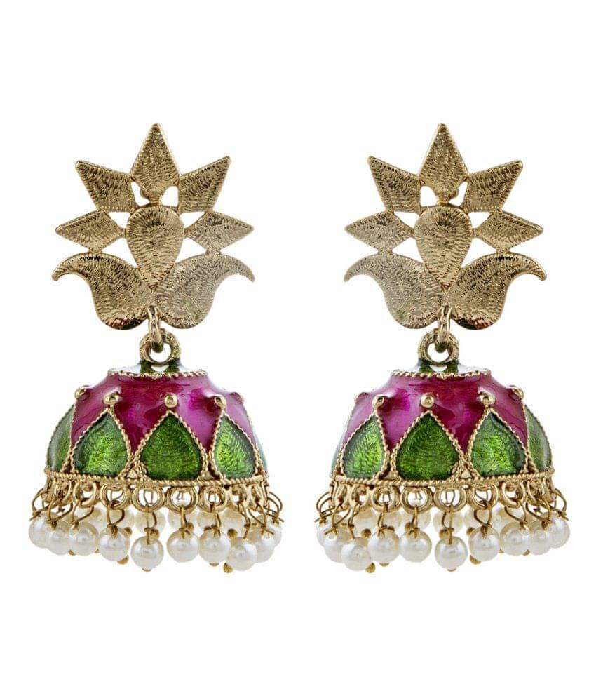     			The Jewelbox Pink And Green Meenakari Pearl Gold Plated Jhumki Earring