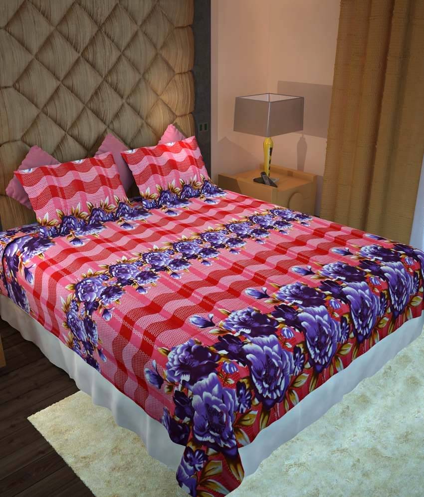     			Home Candy Red & Purple Floral Cotton Double Bed Sheet With 2 Pillow Covers
