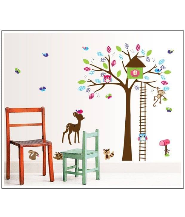 Asmi Collection Pvc Wall Stickers Tree House Monkey Owl Deer For Kids Room     			Asmi Collection Pvc Wall Stickers Tree House Monkey Owl Deer For Kids Room