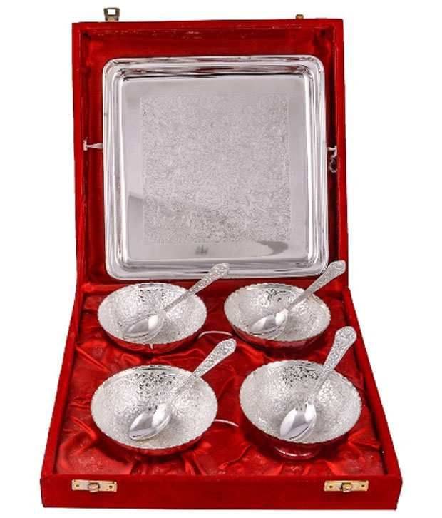     			Urban hemlet Silver Plated 4 Flower Bowl With Spoon With Tray