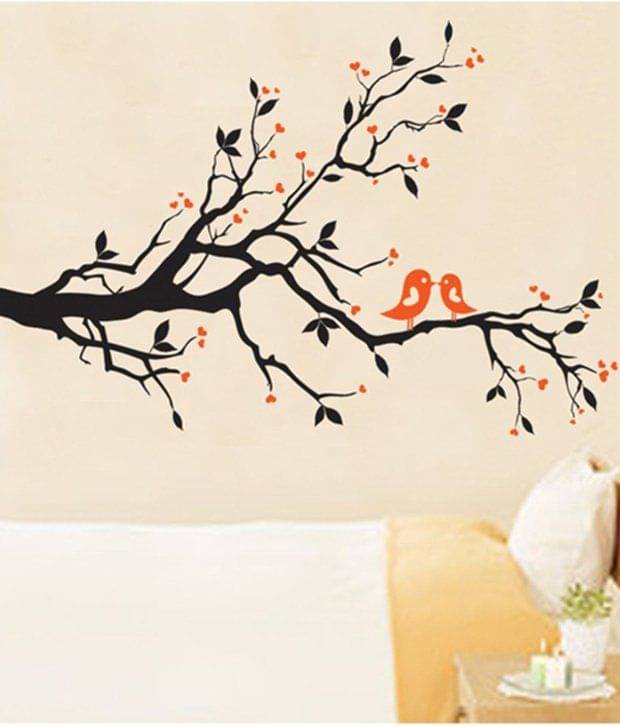     			Asmi Collection Pvc Wall Stickers Black Tree Branches Orange Birds
