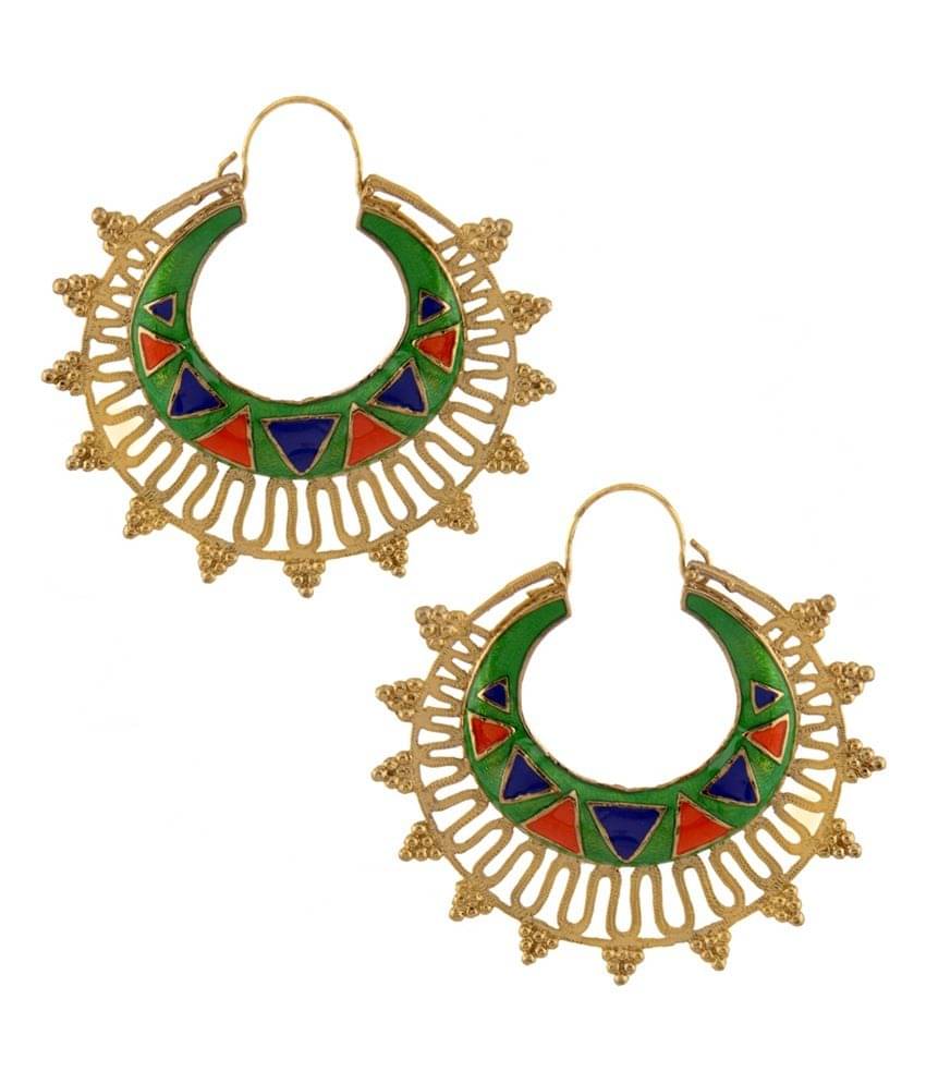     			The jewelbox designer green meena large antique gold plated chaand bali earring