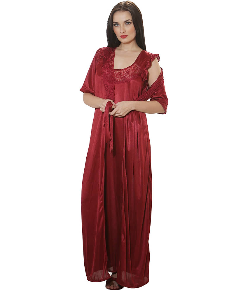 Clovia Maroon Satin Robe - Nightwear & Loungewear | Buy online on ZillyBuy