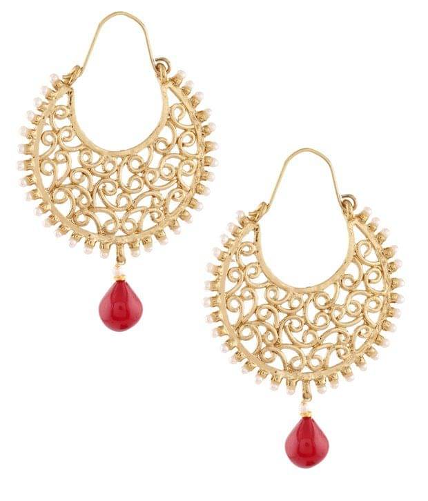 The Jewelbox Gold Plated Filigree Pearl Ruby Red Chaand Bali Earring     			The Jewelbox Gold Plated Filigree Pearl Ruby Red Chaand Bali Earring