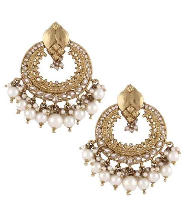 The Jewelbox Pearl Kundan American Diamond Antique Gold Chaand Jhumki Earring The Jewelbox Pearl Kundan American Diamond Antique Gold Chaand Jhumki Earring