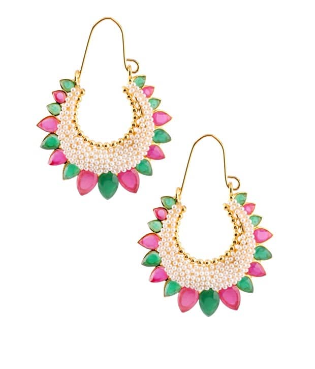 The Jewelbox Red Green Pearl Gold Plated Chaand Bali Earring - Earrings | Buy online on ZillyBuy