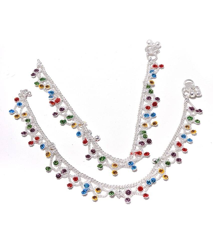 Jewar Mandi White Real Look Silver Plated Multistone Anklet Jewar Mandi White Real Look Silver Plated Multistone Anklet