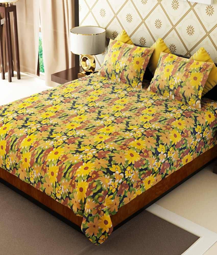 Amethyst Mustard Floral Poly Cotton Double Bed Sheet With 2 Pillow Covers Amethyst Mustard Floral Poly Cotton Double Bed Sheet With 2 Pillow Covers