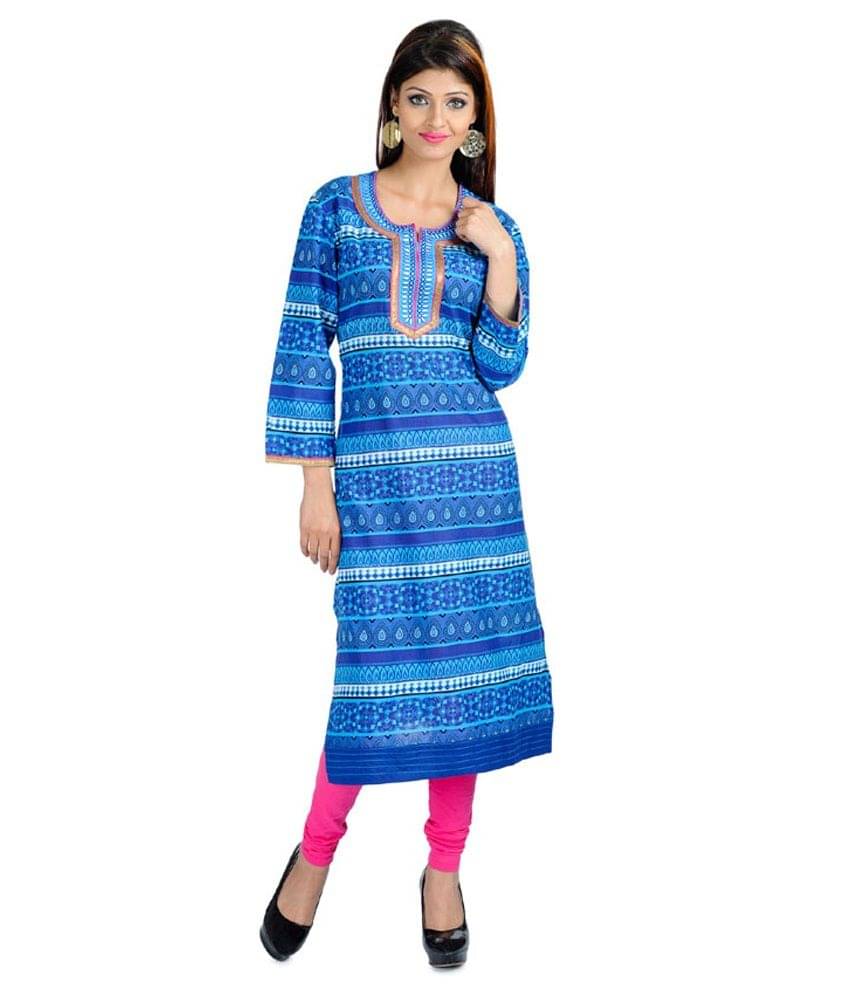     			Auraori Blue Embroidered Cotton Full Sleeves Kurti