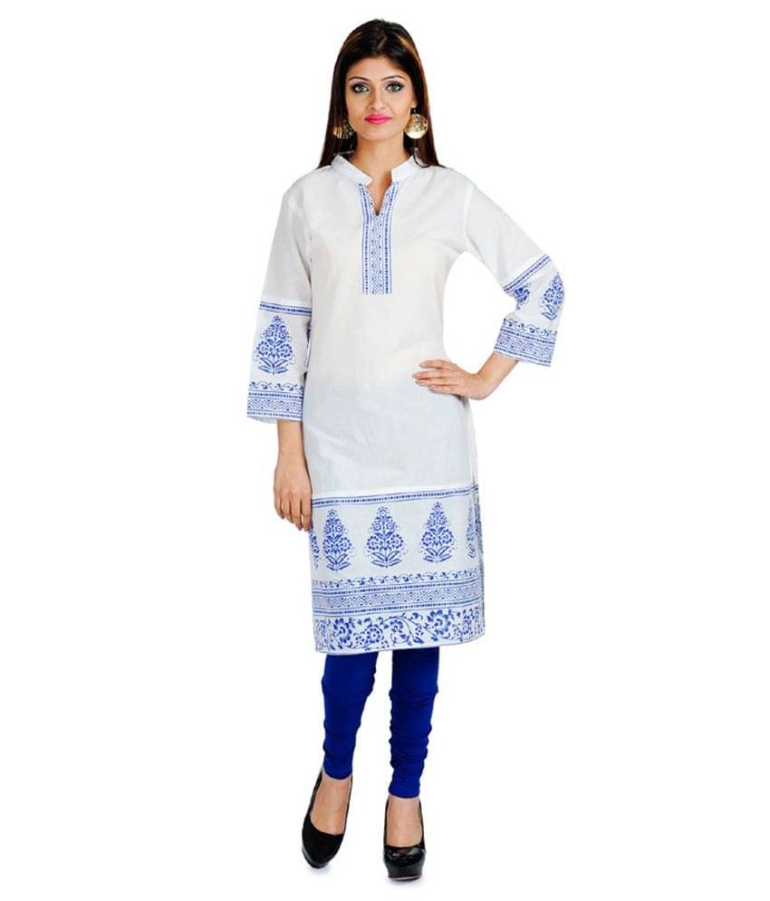     			Auraori White Printed Cotton 3/4th Sleeves Kurti