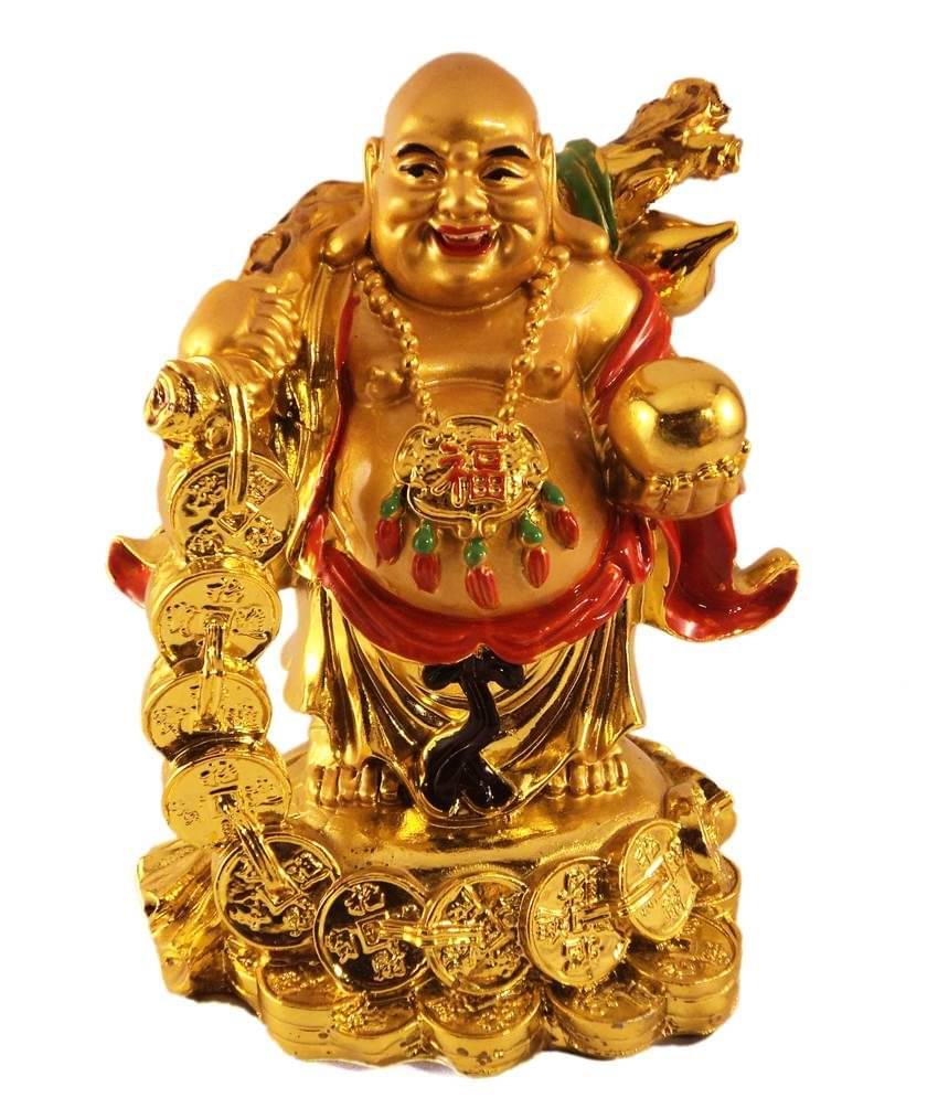     			Latitude Standing Pose Fen Sui Laughing Buddha Lifting Gold Coins And Gold Ingot_Gift