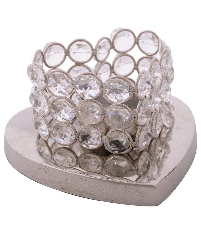     			eCraftIndia Silver-Toned Heart Shape Base Crystal Tea Light Candle Holder